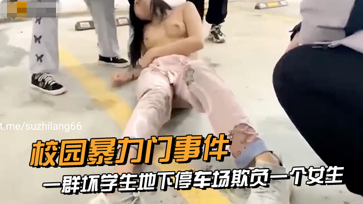 校园暴力门事件 一群坏学生地下停车场欺负一个女生，衣服都给扒光了，还有几个男生说要摸一下她的奶子}